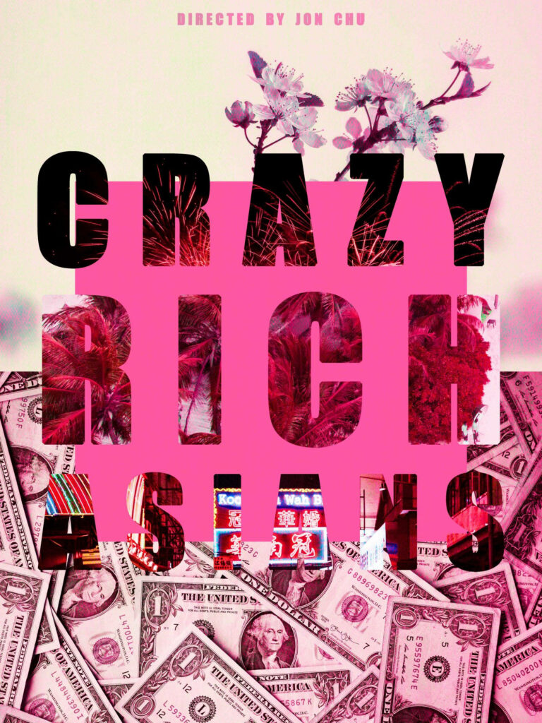 Pink Crazy Rich Asians wallpaper with bold text money cherry blossoms modern graphic style background