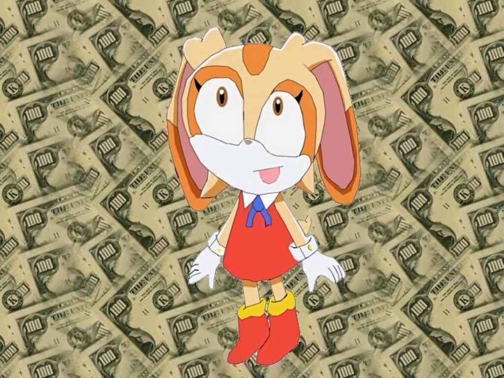 Cream The Rabbit in red dress on vibrant green money background cartoon wallpaper design