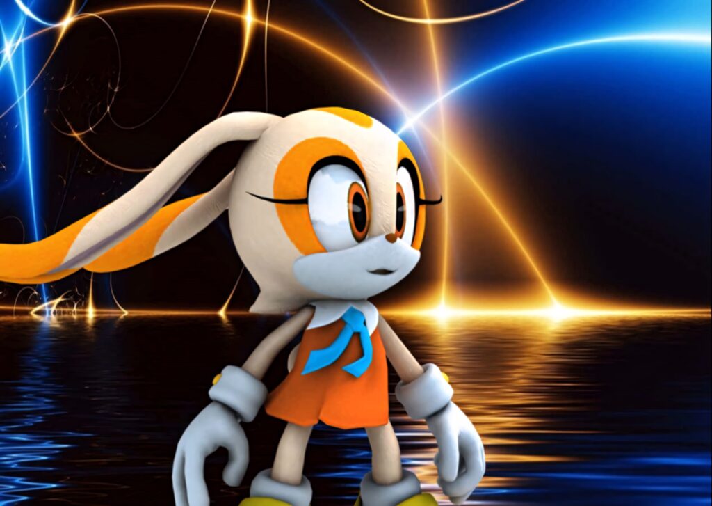 Cream the Rabbit joyful pose with vibrant blue and gold neon lights reflected on water Wallpaper