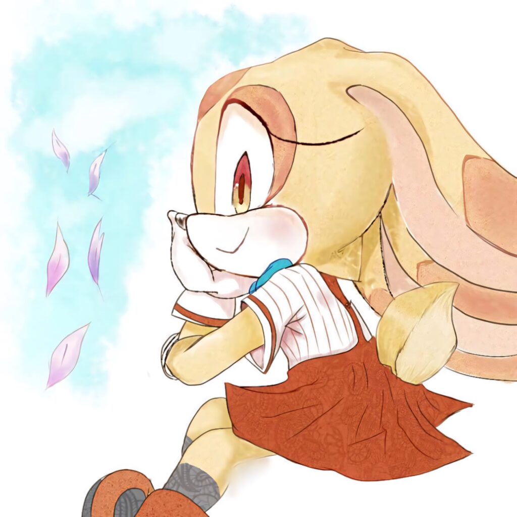 Cream the Rabbit pastel wallpaper with joyful pose falling petals soft blue pink hues hand-drawn