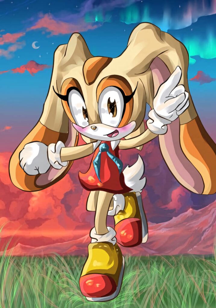 Cream the Rabbit playful pose on vibrant grassy field sunset sky colorful clouds northern lights Wallpaper