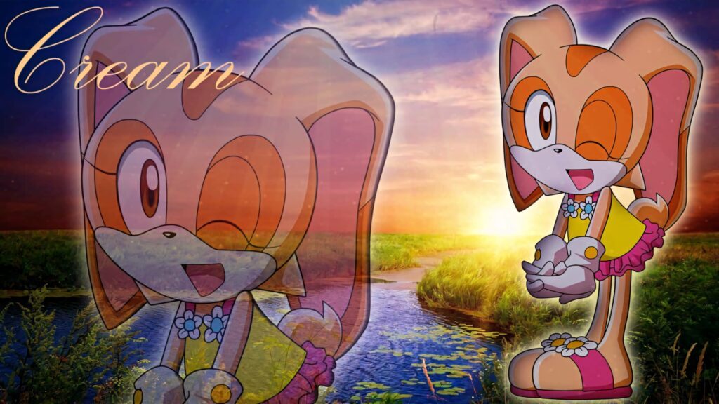 Cream the Rabbit cheerful pose sunset river grassy fields vibrant animated wallpaper background