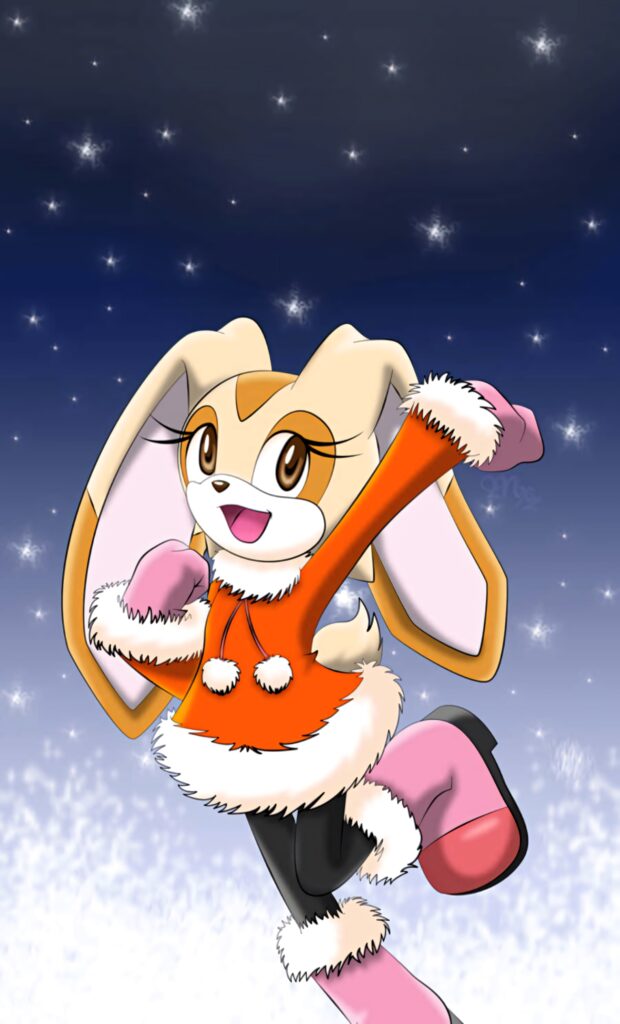 Cream the Rabbit in festive winter outfit with starry night and falling snow wallpaper background