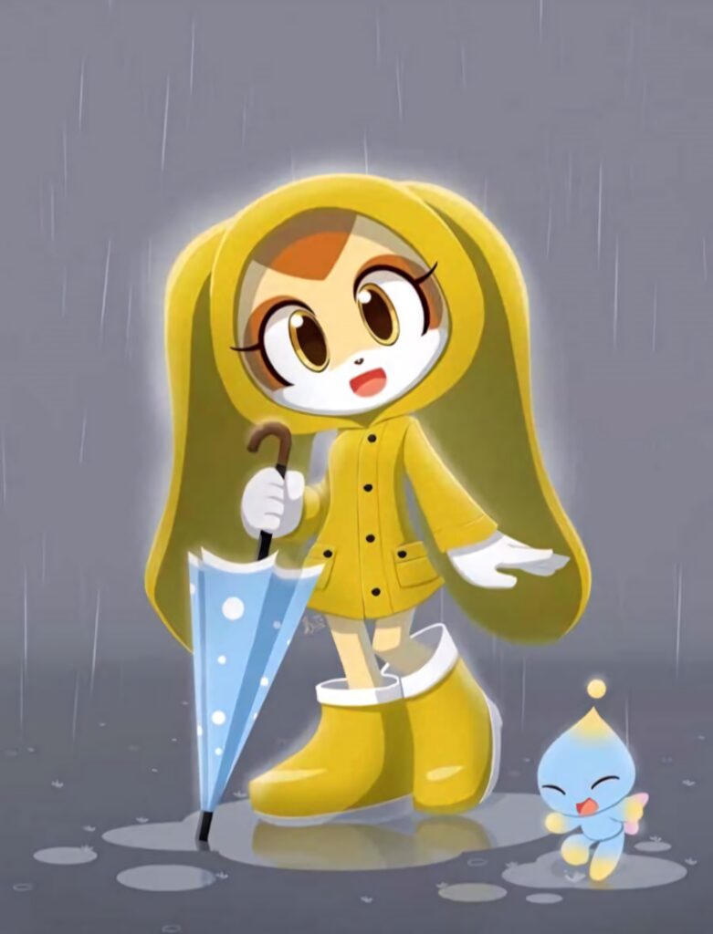 Cream the Rabbit in yellow raincoat with Chao smiling under blue umbrella in rainy animated wallpaper