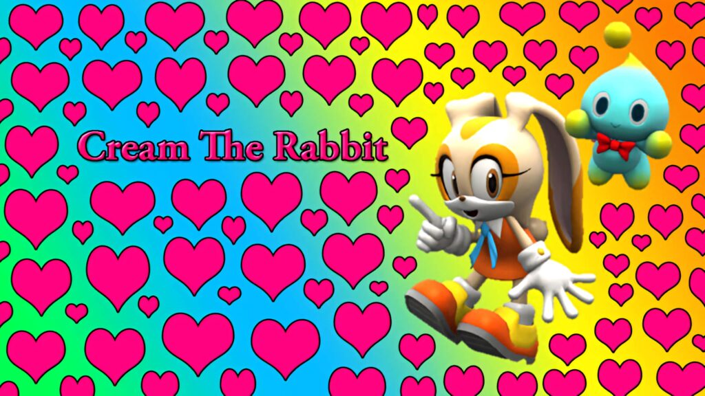 Cream the Rabbit with Chao on yellow green blue gradient background with pink hearts wallpaper