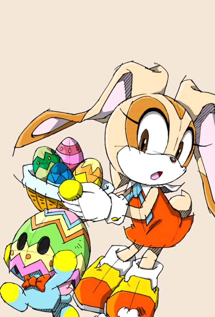 Cream the Rabbit and Chao playful sketch wallpaper with pastel tones and festive Easter eggs background