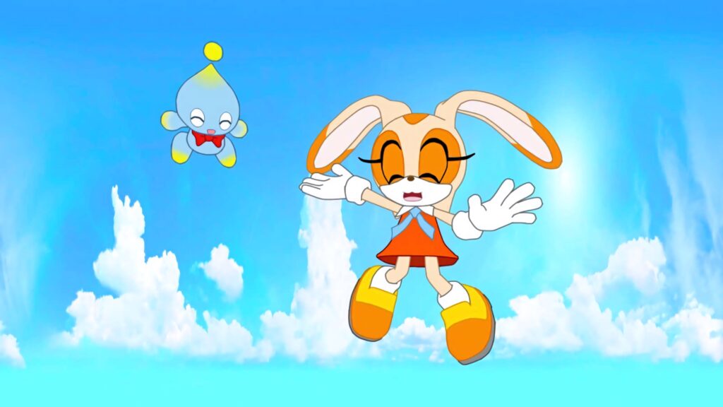 Cream the Rabbit with Chao companion floating joyful blue sky vibrant anime art wallpaper background