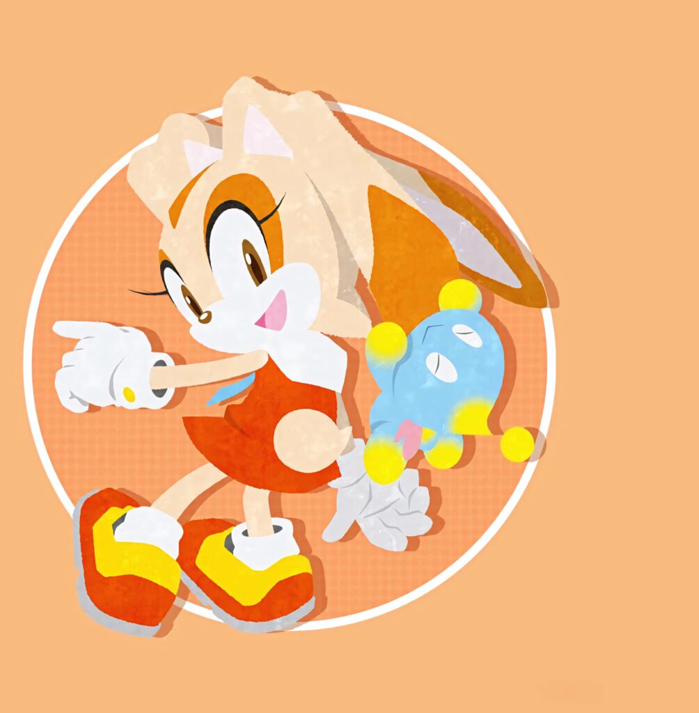 Cream the Rabbit with Chao playful pose on warm peach pastel textured wallpaper background