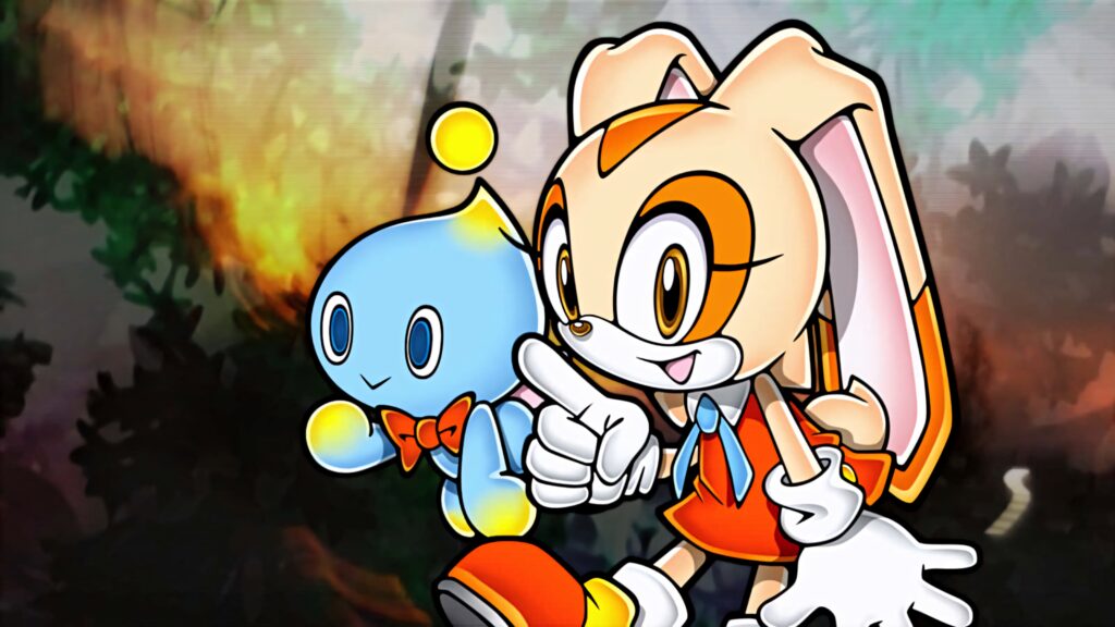 Cream the Rabbit with her Chao companion in vibrant forest wallpaper cheerful colorful design