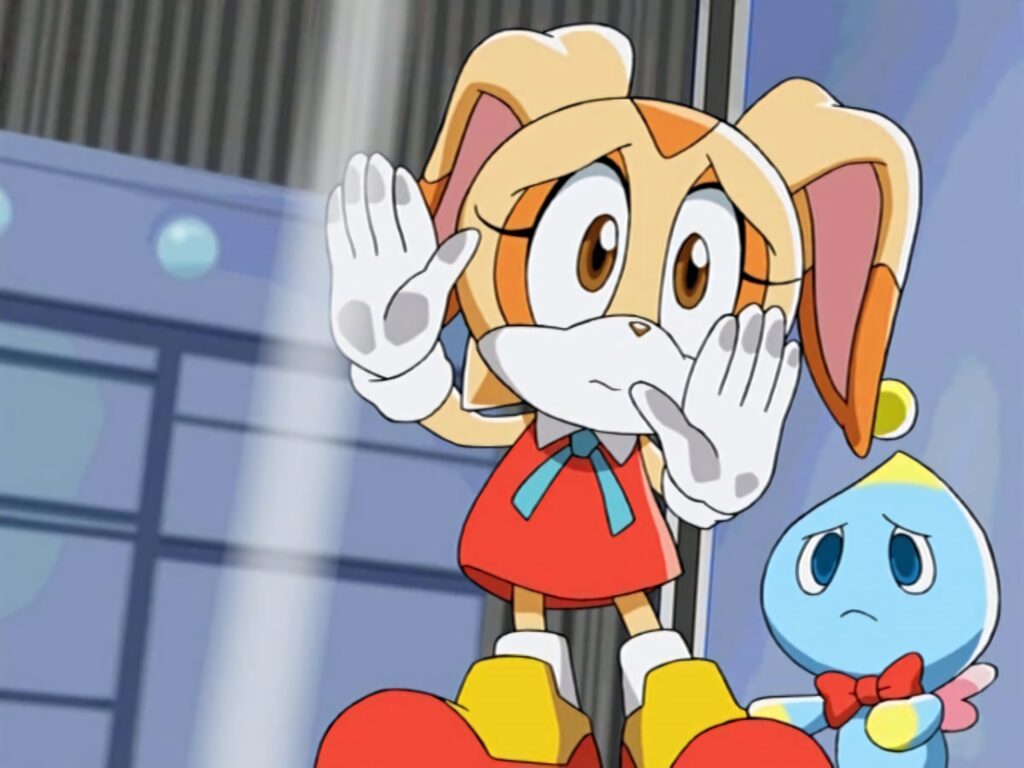 Cream the Rabbit with her Chao companion in bright anime style vibrant wallpaper background