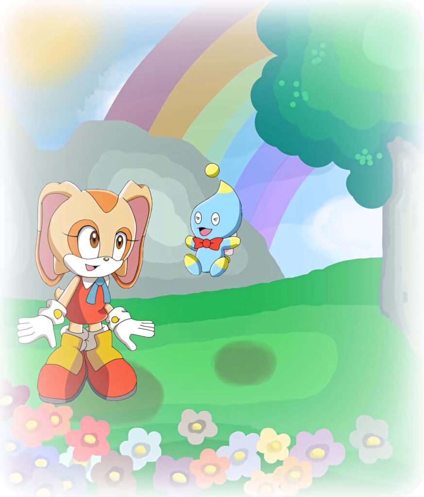 Cream the Rabbit with Chao in vibrant meadow rainbow pastel wallpaper background