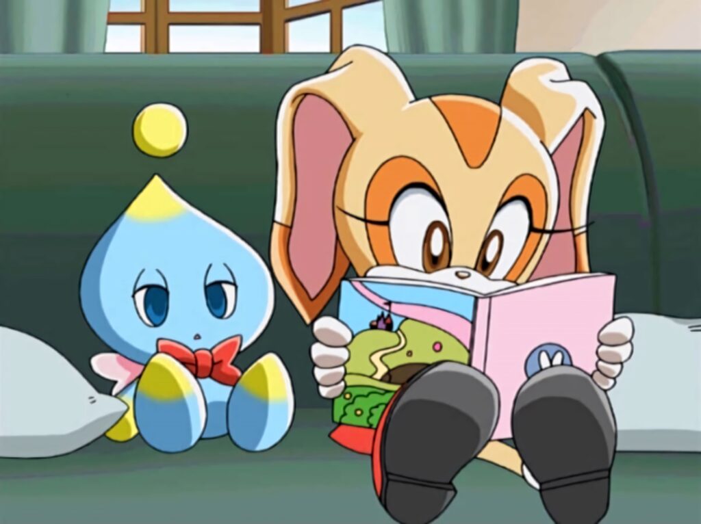 Cream the Rabbit reads a colorful storybook with Cheese in a cozy bright anime room wallpaper background