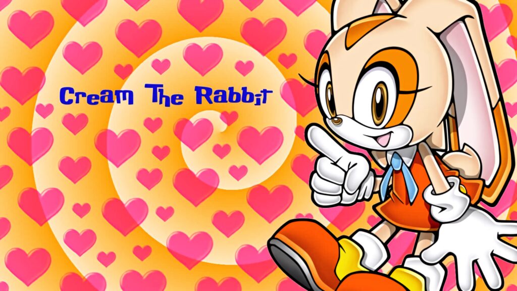 Cream the Rabbit and Cheese in vibrant wallpaper with pink hearts and warm yellow background