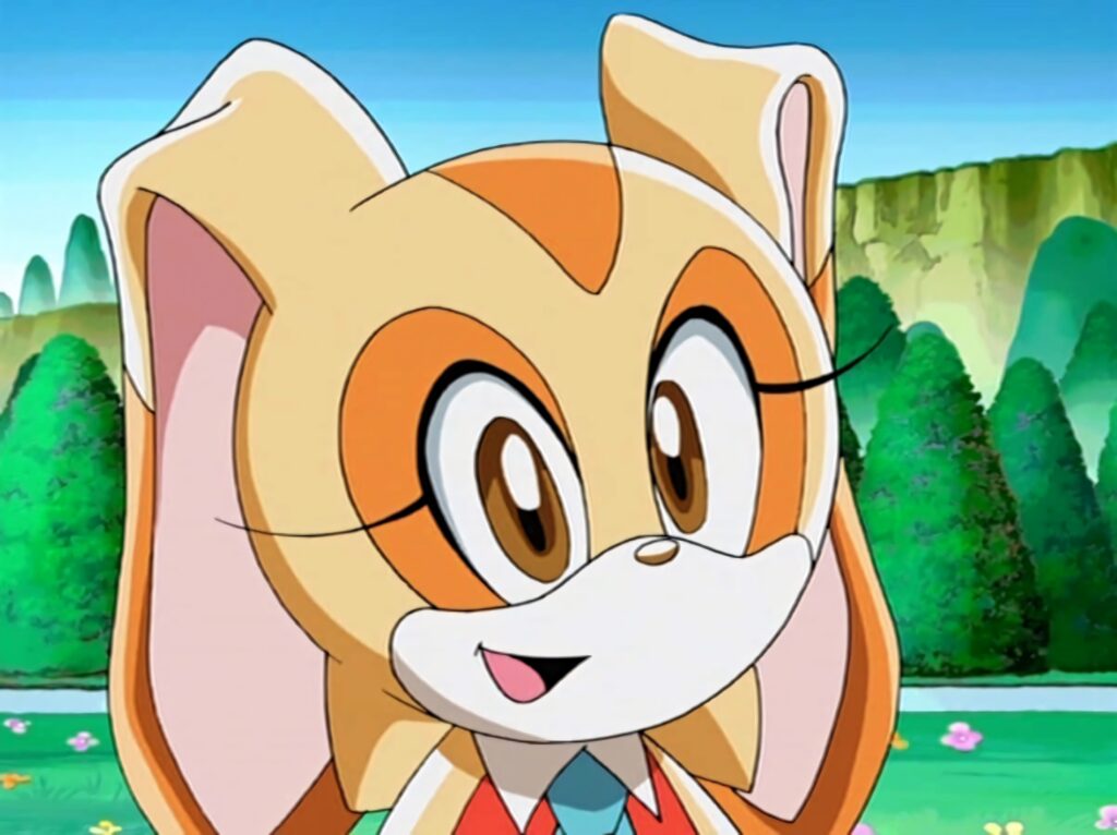 Cream the Rabbit smiling in lush garden with vibrant anime style and clear blue sky background Wallpaper