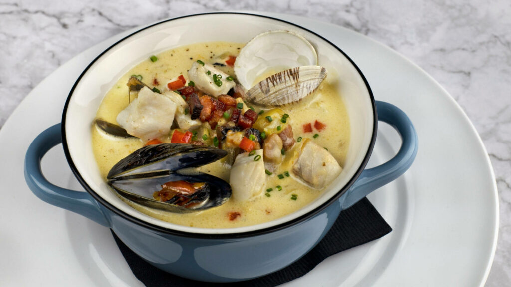 Vibrant Mussel and Clam Chowder with Veggies & Bacon - Wallpaper