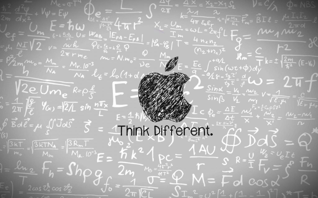 Creative Apple logo wallpaper with math physics equations and Think Different slogan on grey background
