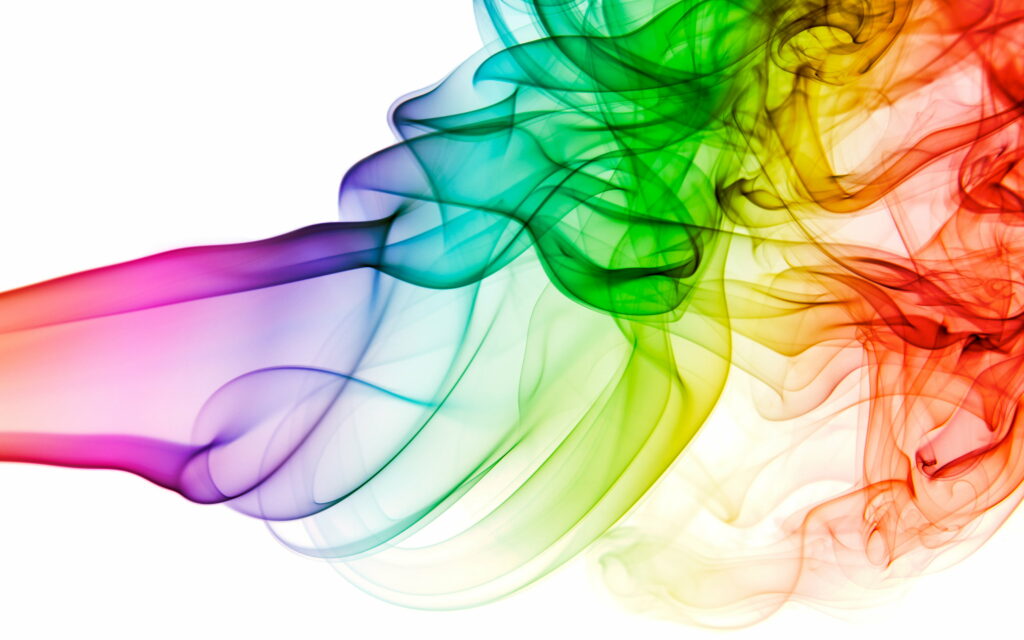 Vibrant 4K rainbow smoke plumes swirl dynamically on white background abstract wallpaper