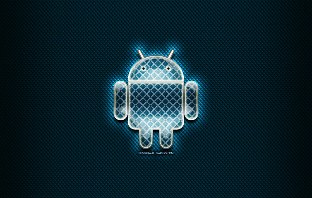 Sleek Android wallpaper glowing blue glass logo rhombic grid on dark carbon fiber background