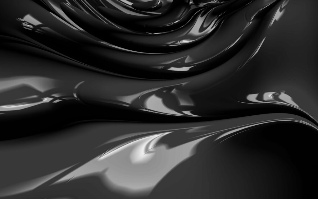 Sleek 3D black silver fluid waves digital wallpaper with glossy reflections and smooth curves