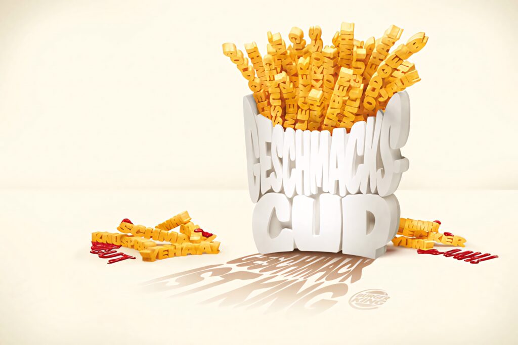 Burger King wallpaper with golden fries spelling German words in white carton vibrant background