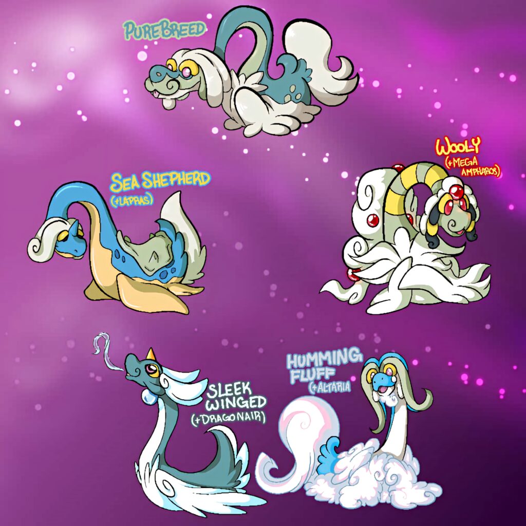 Vibrant cartoon Drampa variants wallpaper with PureBreed Sea Shepherd Wooly Sleek Winged Humming Fluff