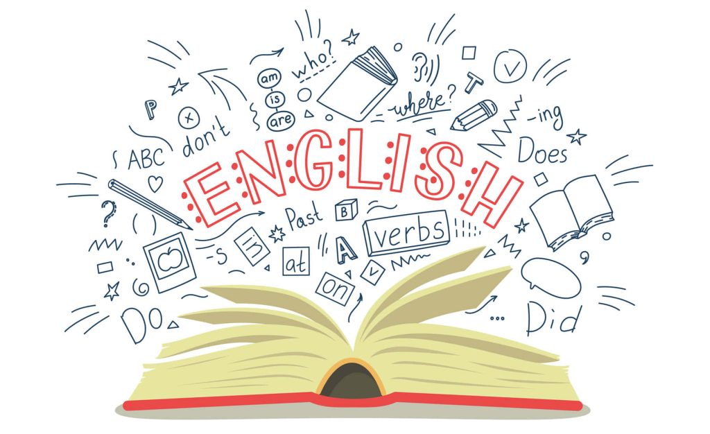 Open book with English lettering grammar notes and doodles on white background wallpaper