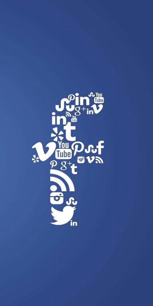 Facebook wallpaper with social media icons forming Facebook f logo on minimalist blue background