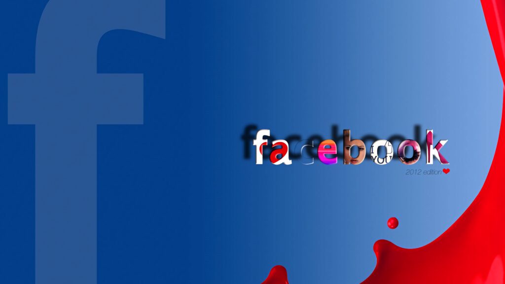 Facebook wallpaper with bold blue background vibrant multicolored logo and red paint effect