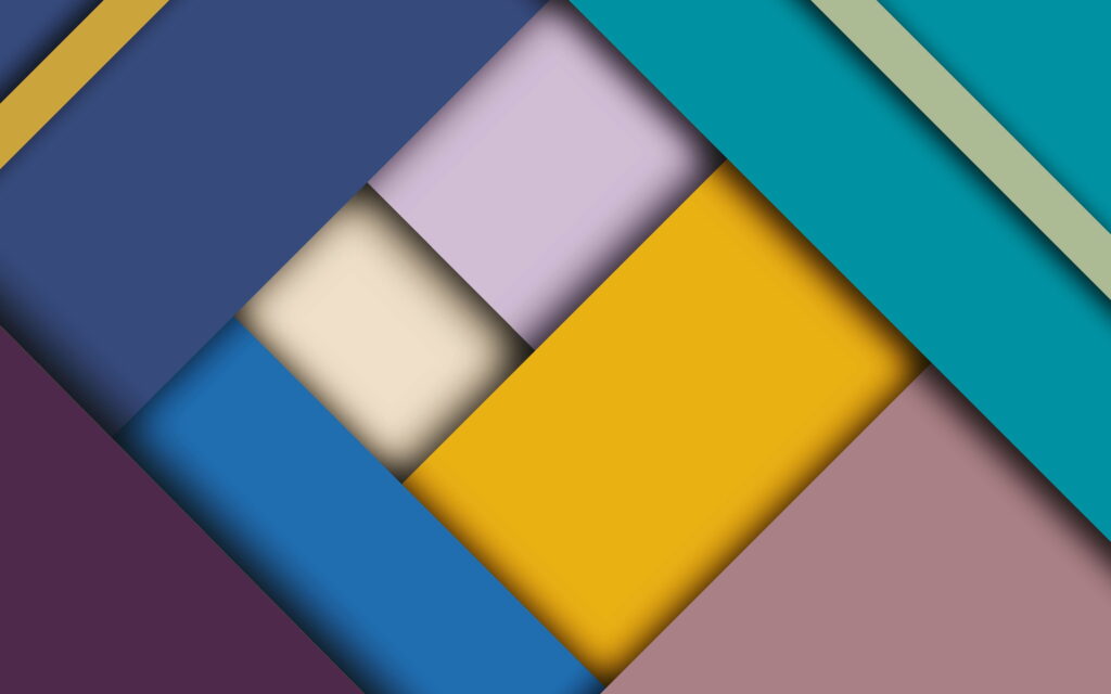 4K Material Design wallpaper with teal mustard blue geometric shapes and subtle drop shadows