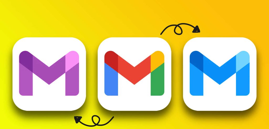 Three creative Gmail M logo variations on sunny yellow gradient with purple blue and multicolor designs Wallpaper