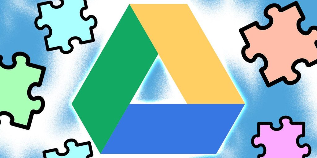 Google Drive wallpaper with logo centered on textured blue background and colorful puzzle pieces