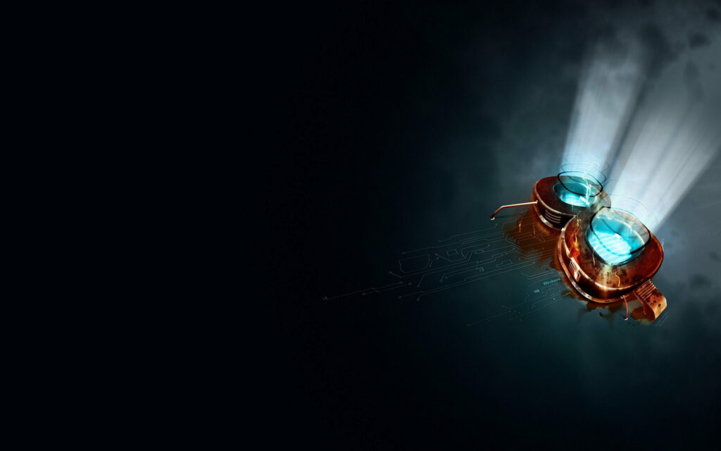 High-tech metallic Windows 8 logo with glowing blue cores and orange circuit accents wallpaper background