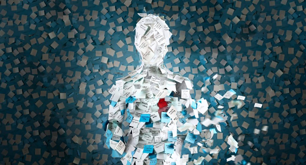 Human silhouette made of handwritten sticky notes with blue white blurred background wallpaper