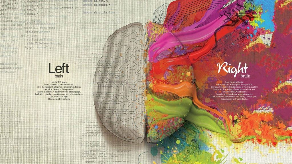Left and Right Brain wallpaper split design with logical code and vibrant creative abstract art background