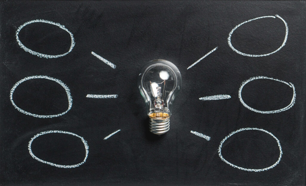 Light bulb on black chalkboard with connected circles illustrating creative idea planning wallpaper