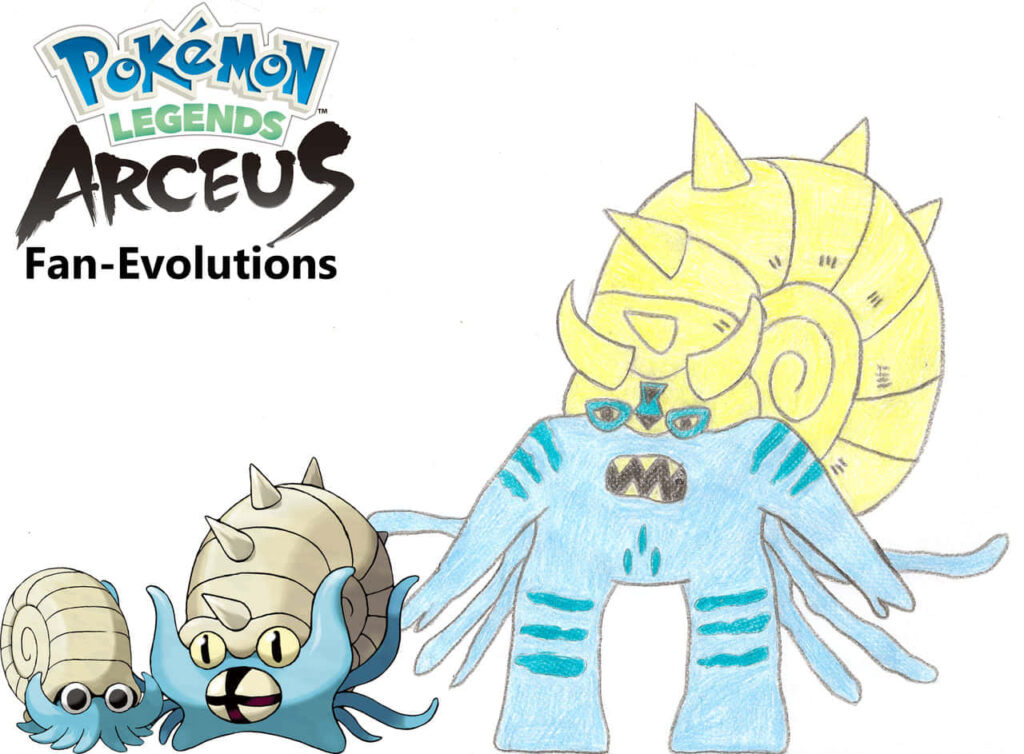 Creative fan-made Omastar evolution with blue tentacles and spiraled shell Pokémon Legends Arceus Wallpaper
