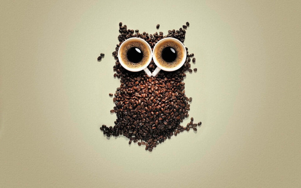 Creative Owl Wallpaper: Coffee Beans & Cups Design on Neutral Background
