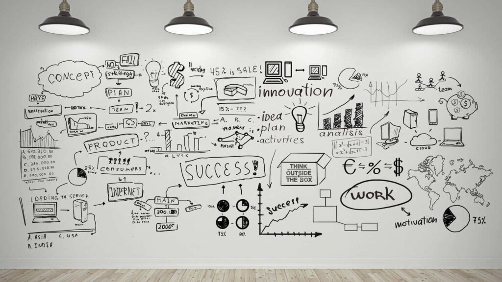 Creative Project Management Doodles on White Background Wallpaper