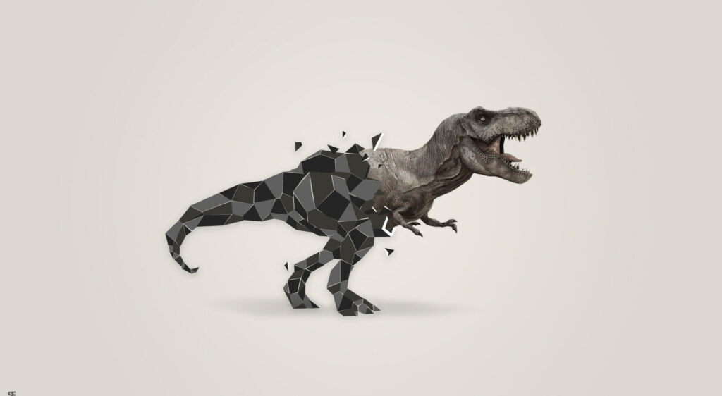 HD wallpaper of a majestic T-Rex with realistic head and black polygonal body on grey background