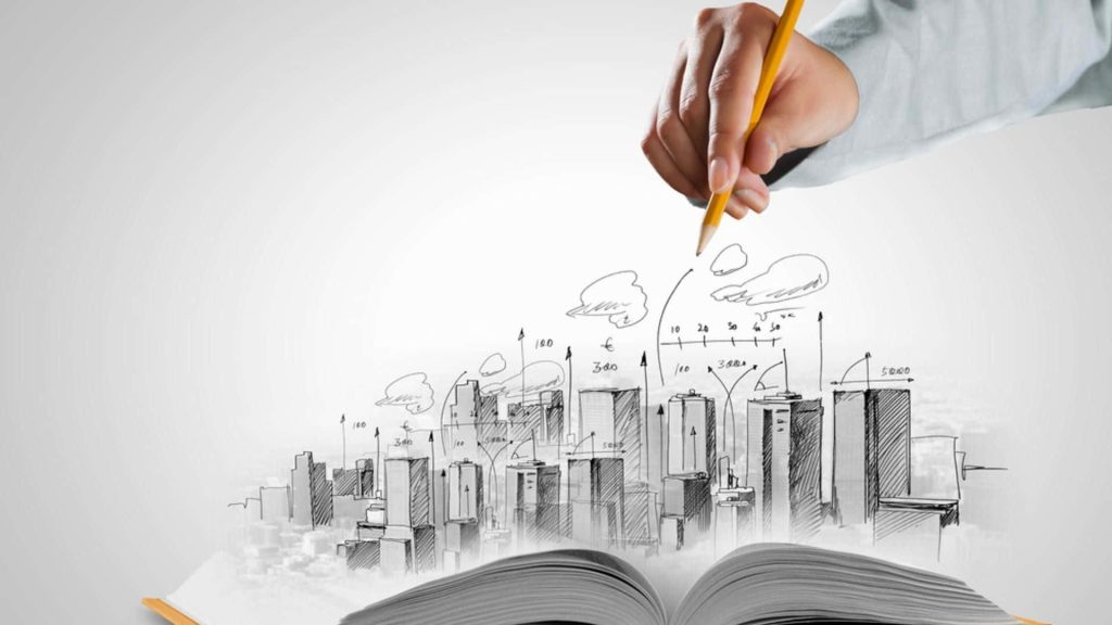 Hand sketching architectural city skyline on book pages with measurement notes urban planning wallpaper