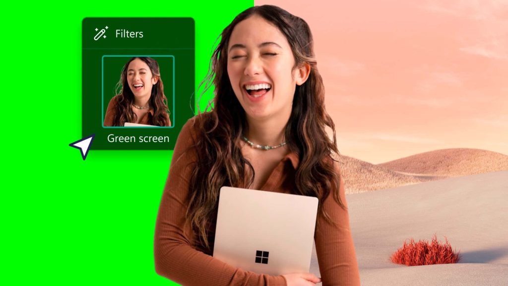 Smiling woman with Microsoft Surface laptop and green screen filter UI on desert and green background Wallpaper