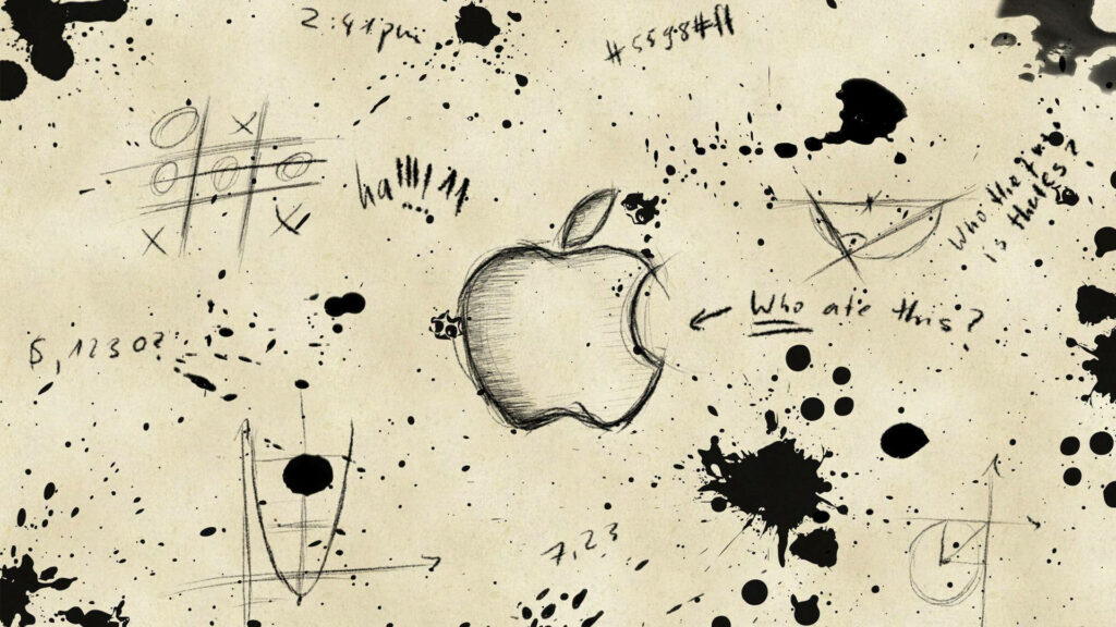 Ink-splattered Creativity: A Unique Apple Logo amid Sketchy Chaos in a Cool HD Backdrop Wallpaper