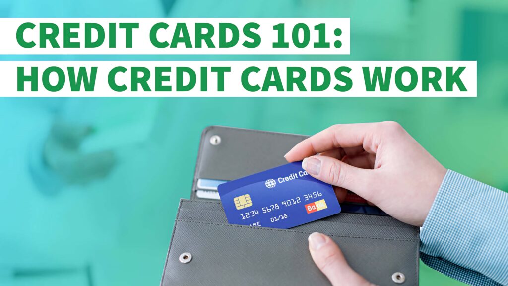 Person holding wallet selecting credit card with bold green white text basics of credit cards guide Wallpaper