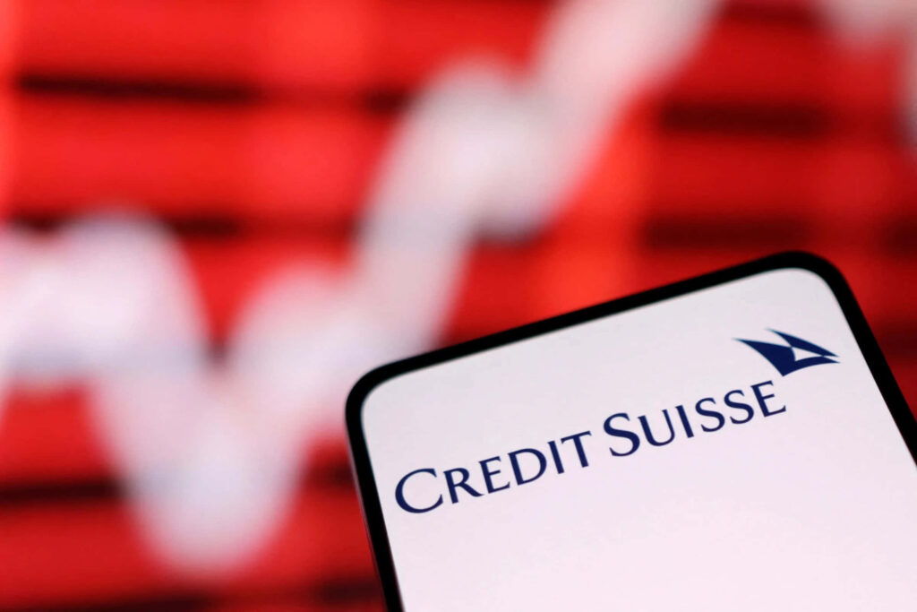 Credit Suisse logo on blurred red background with upward trending financial chart wallpaper
