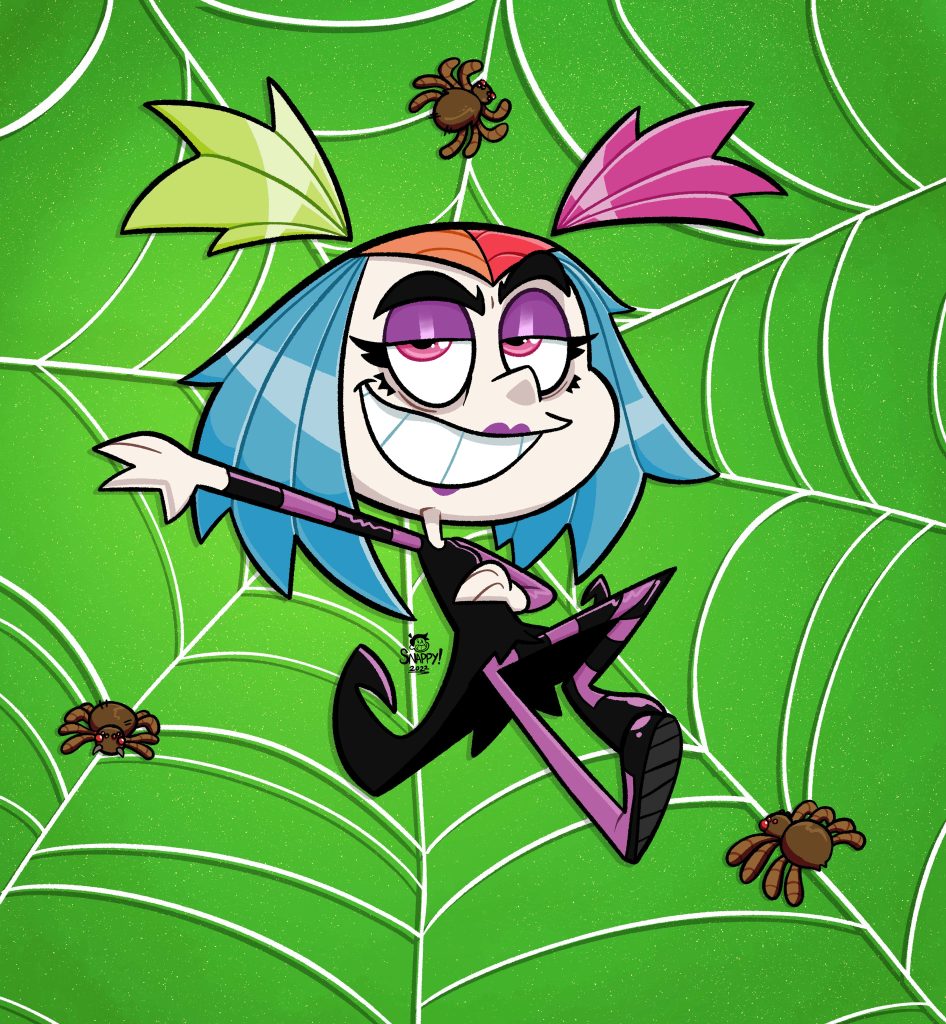 Creepie Creecher with blue hair smiling playfully on bright green spiderweb background wallpaper