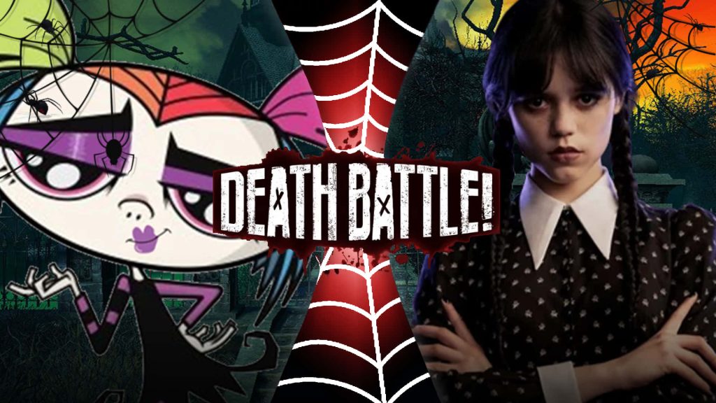 Spooky Death Battle art Creepie Creecher vs Jenna Ortega Wednesday Addams in gothic graveyard Wallpaper