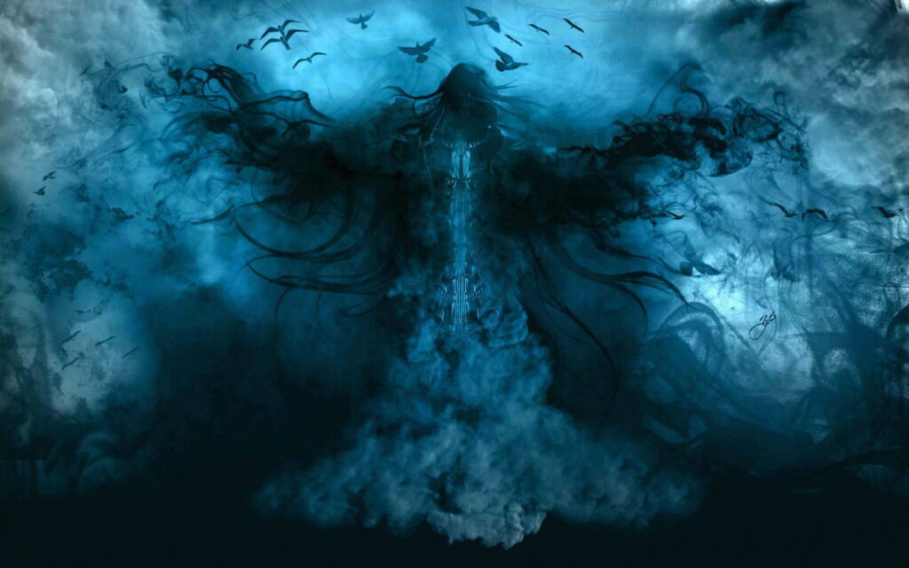 Sinister ghostly figure with wings in moody blue mist and swirling smoke dark abstract wallpaper