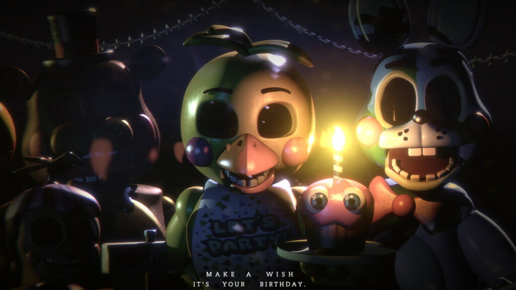 Five Nights at Freddy’s 2 Toy animatronics in dark eerie birthday scene with glowing cupcake candle Wallpaper
