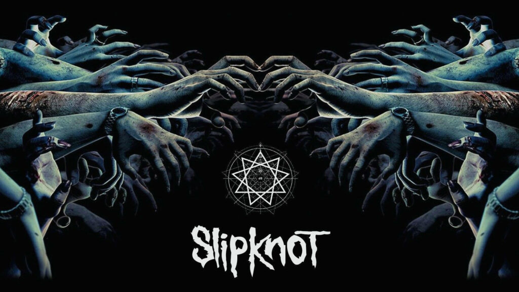 Grasping for Metal: A Haunting Slipknot Logo Wallpaper with Green Corpse Hands