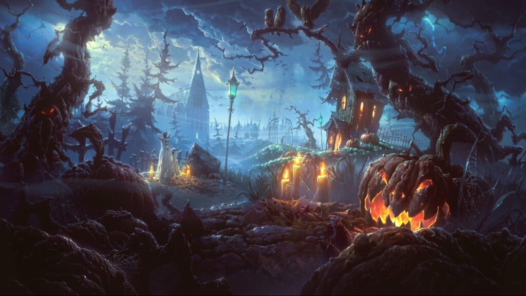 Enchanted Halloween: Luminous Ghosts Dance Underneath Mysterious Candlelit Trees in a Fantastical Backyard - 4K Wallpaper Background Photo
